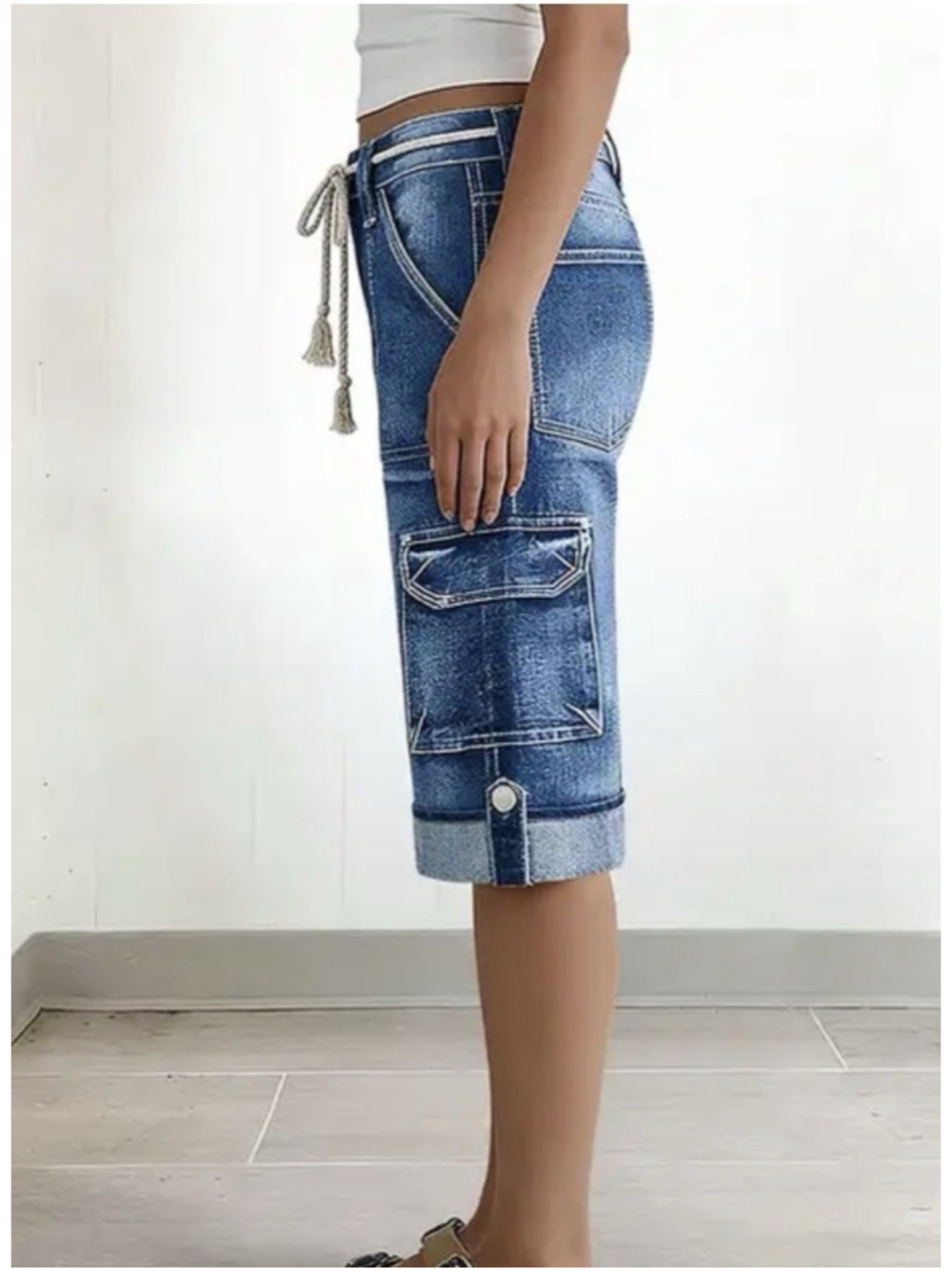 Wash Roll Hem Flap Pocket Belted Mid Rise Denim Bermuda Shorts “2XL - Picture 2 of 13